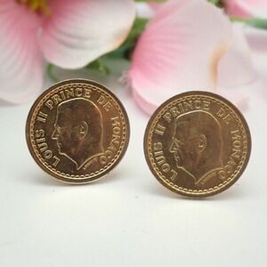 Vintage Louis II Prince de Monaco 1 Franc Coin Cufflinks Gold Tone Mens Jewelry